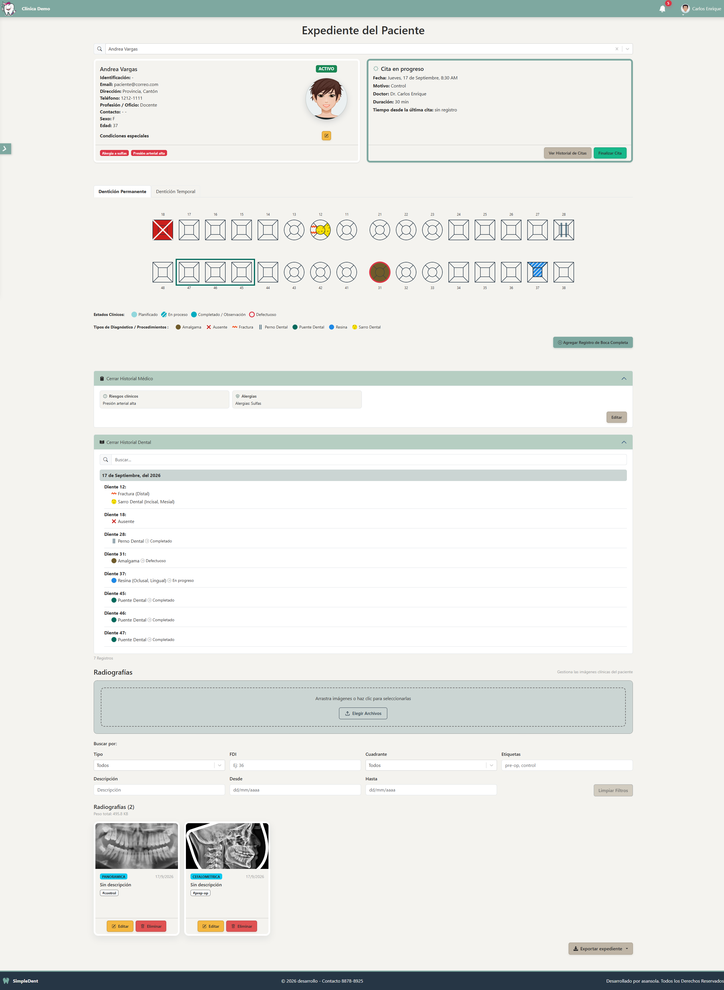 Expediente completo del paciente con historial médico, odontograma e historial dental