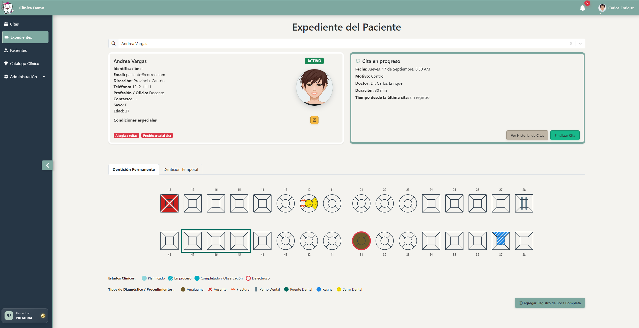 Expediente del paciente con odontograma, condiciones clínicas y cita en progreso